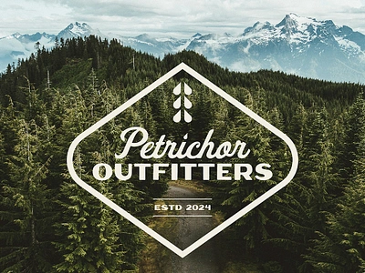 Petrichor Outfitters Badge apparel badge branding icon logo northwest outdoor branding outfitters pacific northwest petrichor pnw rain raindrops retro retro badge seattle