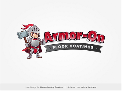 Armor-On Logo Design 1 armor logo character illustration floor coating logo graphic design house cleaning logo knight character logo knight logo little knight illustration logo design