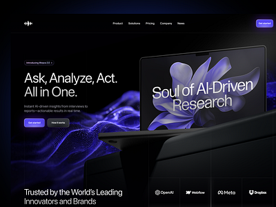 Woyce | AI-driven Research Landing Page 3d ai ai landing page artificial intelligence branding clean dark mode gradient identity insights interviews landing page minimal research saas screen ui voice website