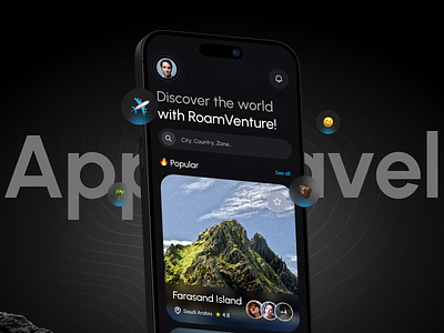 RoamVenture - Travel App & Landing Page app app design branding case study design system futuristic innovation ios itinerary minimalist mobile design mockup travel ui design usability user interface ux design version dark