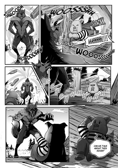 commission works, pig and wolf black and white character design comic comic book drawing manga