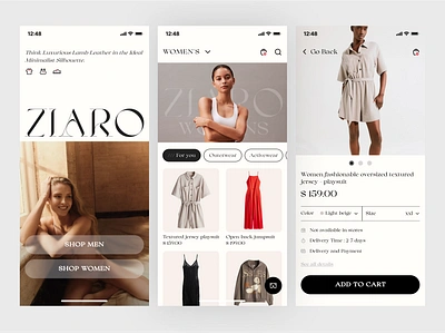 ZIARO - E-commerce Mobile App app apparel cart clothing design e commerce ecommerce fashion app fashion mobile app mobile mobile app model online shop shirt shop store tshirt ui