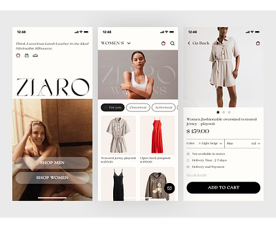 ZIARO - E-commerce Mobile App app apparel cart clothing design e commerce ecommerce fashion app fashion mobile app mobile mobile app model online shop shirt shop store tshirt ui