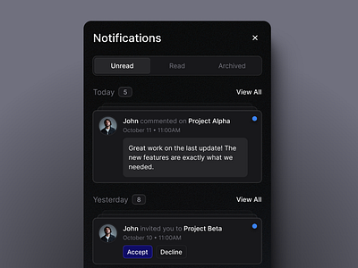 Notifications - VisionUI alerts dark mode dark mode ui design notifications read saas saas ui ui ui design uiux uiux design unread ux design