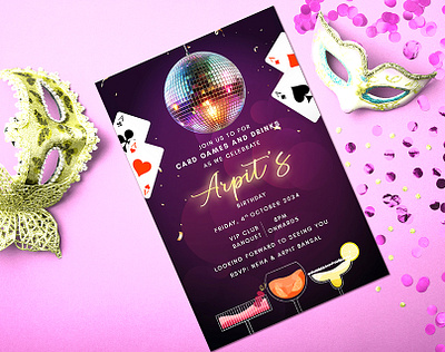 Card & Drinks Birthday party Invitation adobe animation birthday branding design disco graphic design illustration illustrator motion graphics party invite photoshop vector