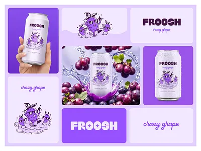 Froosh: Crazy Grape Packaging and Branding Design beverage brand branding can colorful design digital illustration dribbble popular food beverage branding fruit grape graphic design illustration logo packaging packaging design playful soda typography visual identity design