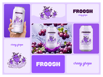 Froosh: Crazy Grape Packaging and Branding Design beverage brand branding can colorful design digital illustration dribbble popular food beverage branding fruit grape graphic design illustration logo packaging packaging design playful soda typography visual identity design