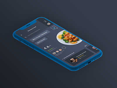 Reviews Food App 5 strarsd reviews app application android ios blue iphone mockup brand branding bvrocoli dark theme icon set illustrator ai mix fresh chicken photoshop psd print and icons designer recommanded food reviews food search menu or receipe senrior designer stars tournedos rossini typo typography ui ux designer users