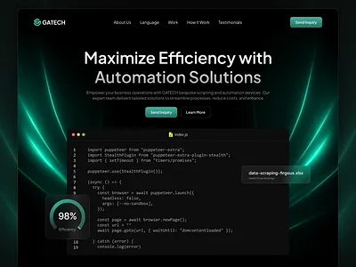 GATECH: Automation Solutions - Website Landing Page automation browser automation code coding dark mode data extraction galaxy linear scripting solution ui ux web automation web design web3