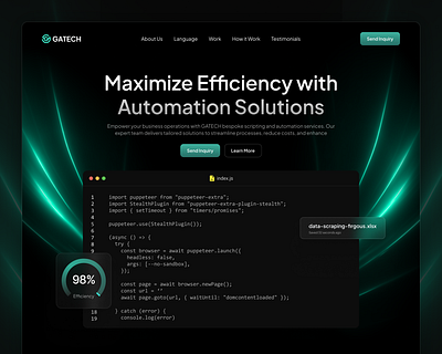 GATECH: Automation Solutions - Website Landing Page automation browser automation code coding dark mode data extraction galaxy linear scripting solution ui ux web automation web design web3