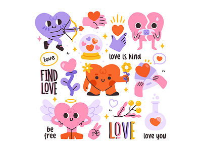 Groovy Romantic Valentine's Day Stickers adobe illustrator art cartoon illustration character design design digital art drawing flat illustration flat style graphic design holiday illustration sticker valentines day vector vector illustration