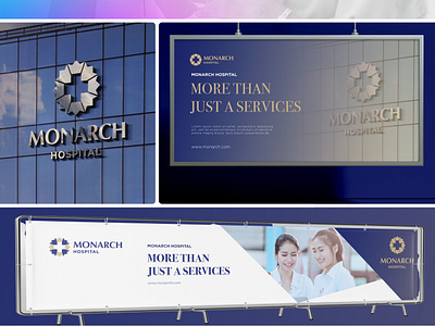 Monarch Hospital Brand Identity banner branding brandmark clinic crown emergency healthcare hospital icon king luxury medic medical center minimalist plus royal