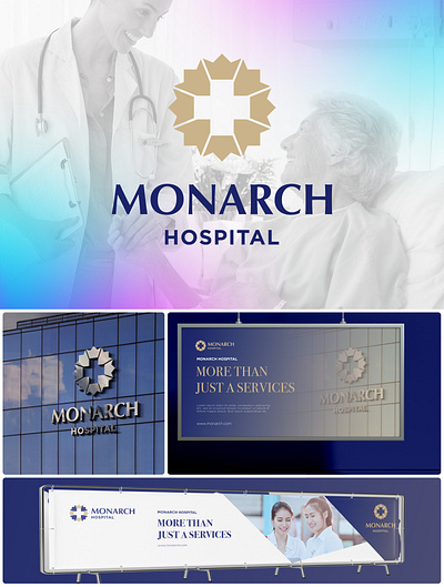 Monarch Hospital Brand Identity banner branding brandmark clinic crown emergency healthcare hospital icon king luxury medic medical center minimalist plus royal