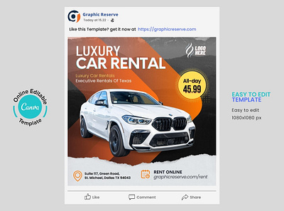 Car Rental All Day Flat Rate Offer SM Post Canva Template Design canva instagram story car rental banner car rental digital marketing ad car rental facebook story car rental instagram story car rental social media banner car rental social media post luxury car rental luxury car rental advertisement