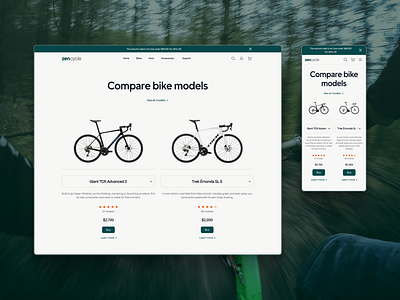 A product comparison UI for web and mobile. bicycle bike bike shop compare ecommerce green inspiration mobile design price product comparison responsive ui ux web design