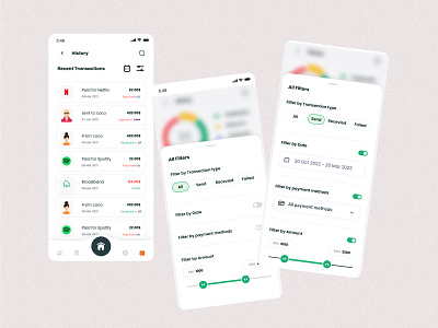 Al-Qaseh History with advanced filter screen 2024 advanced bank filter arabic app arabic mobile app bank ui finance app financial app fintech app green ui history ui design mobile ui neel litoriya neelpari saloneel saloni ui ux