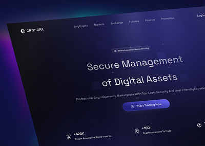 Secure Management of Digital Assets with Cryptora blockchain cleandesign cryptocurrency cryptocurrencyapp cryptodesign cryptoui darkui financedesign fintechdesign landingpage neumorphism tradingplatform webdesign