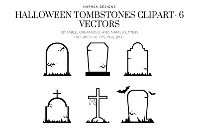 Halloween Tombstones Clipart- 6 vectors adobe art branding design digital product graphic design gravestones halloween halloween graphics halloween illustrations illustration illustrator product spooky graphics vector art