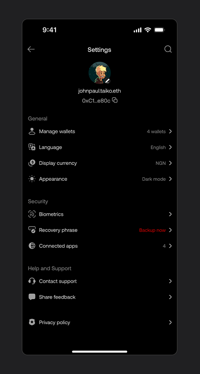 Crypto Wallet Profile/Settings Page figma mobile ui ux wallet web3