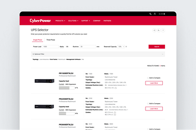 CyberPower – UPS Selector Tool b2b selector technology tool ui vusual web website