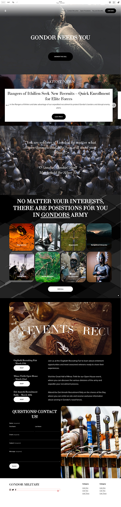 Gondor Army Recruiting Website chandra graphic design landing page lord of the rings middle earth military ui web design