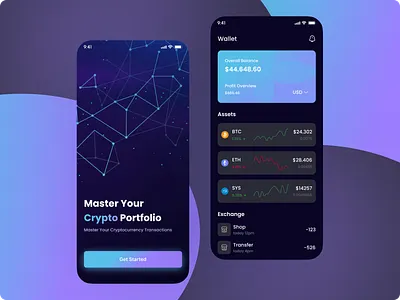 Crypto Wallet - Onboarding and Portfolio App UI appdesign appui cleanui cryptoapp cryptocurrency cryptowallet darkmode digitalwallet fintech fintechapp interactiondesign minimalistui mobileapp mobileui moderndesign onboarding portfoliodashboard uidesign uiux userexperience