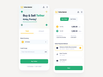 Tether Market - Crypto App UI app app ui buy and sell crypto crypto currency dark dark mode dollar exchange form ui green home page landing price responseive swap table tether ui wallet