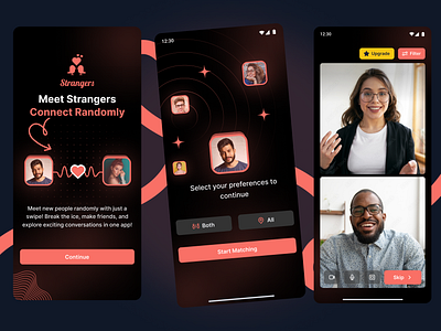 Strangers App - Meet New People with a Swipe android app chat app clean design connect app conversation app design friends app graphic design illustration intuitive meet new people mobile app design mobileapp random swipe app social app ui ui design uiux design web design