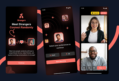 Strangers App - Meet New People with a Swipe android app chat app clean design connect app conversation app design friends app graphic design illustration intuitive meet new people mobile app design mobileapp random swipe app social app ui ui design uiux design web design