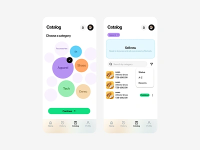 Catalog app catalog category chips clean ecommerce flat layout marketplace sell seller ui ux wizard