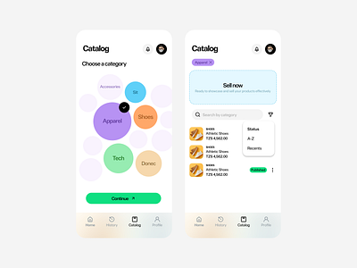 Catalog app catalog category chips clean ecommerce flat layout marketplace sell seller ui ux wizard