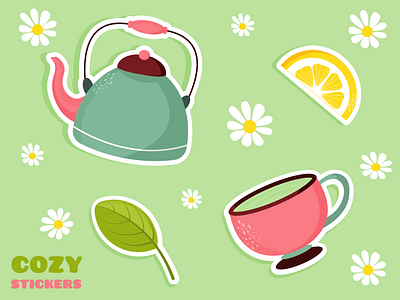 Cozy tea-time stickers for messengers cozy design graphic design illustration leaf lemon tea teapot vector