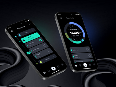 Timeflow – Time Management App 24 hour clock black clock completed task dark theme list mobile app navigation new task productivity productivity app tab bar task manager task organization time management timeline uiux design user centered design user interaction user interface