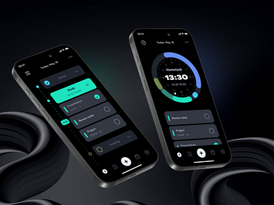 Timeflow – Time Management App 24 hour clock black clock completed task dark theme list mobile app navigation new task productivity productivity app tab bar task manager task organization time management timeline uiux design user centered design user interaction user interface