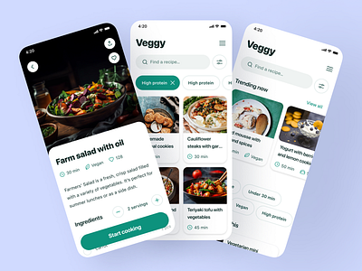 Vegetarian Recipe App Branding & UI/UX Design branding card cooking cooking steps feed design filters green light theme like logo mobile app recipe app recipes search share user centered design uxui design vegan recipes vegetarian recipes white