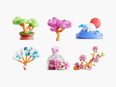 Japan Culture 3D Illustration 3d 3d blender 3d icons 3d modeling blender bonsai branch design fan fuji mountatin icon icons illustration japan nature perfume sakura sakura tree