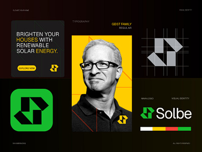 Solbe - Solar Energy Logo & Branding Designs brand identity branding business logo company logo eco friendly energy letter s logo logo logo designer modern logo nature logo renewable energy solar solar energy solar logo solar system startup branding sun logo technological visual identity