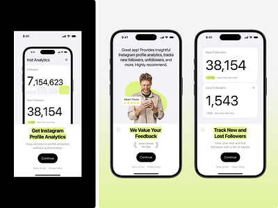 Onboarding for the Instagram Analytics App analytics app appstore charts design followers instagram ios ipjone mobile modern onboarding paywall profile store tatistics title ui unfollowers ux