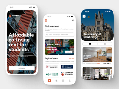 RentMate: room & apartment finder for student apartment app branding clean figma finder home screen interface mobile mobile design modern onboarding rent room ui university ux