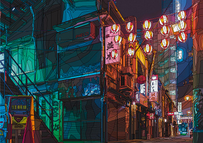 COLORFULL STREET anime architecture art cyberpunk digital illustration japan night painting street