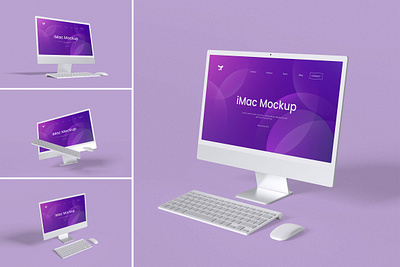 Realistic iMac Mockup template Bundle Set With Purple Background responsive