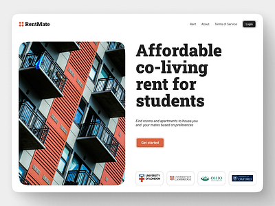 RentMate: room & apartment finder for student apartment bold branding clean design desktop hero section homepage landing page layout modern rent responsive swiss ui university ux web website