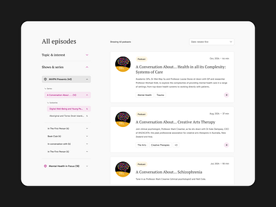 MHPN - Mental Health Professionals' Network branding card design clean filters health left menu magenta meantal health navigation podcast serif ui web web page white