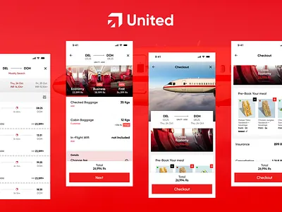 United: Airline checkout flow aeroplance ai generated images airline branding checkout red ui visual design