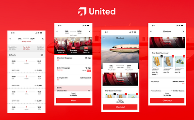 United: Airline checkout flow aeroplance ai generated images airline branding checkout red ui visual design