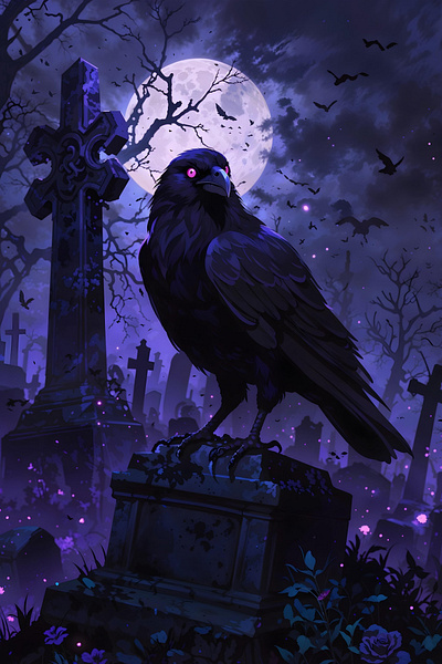 Raven on Gravestone anime art cloud dark fantasy fantasy illustration nature night raven