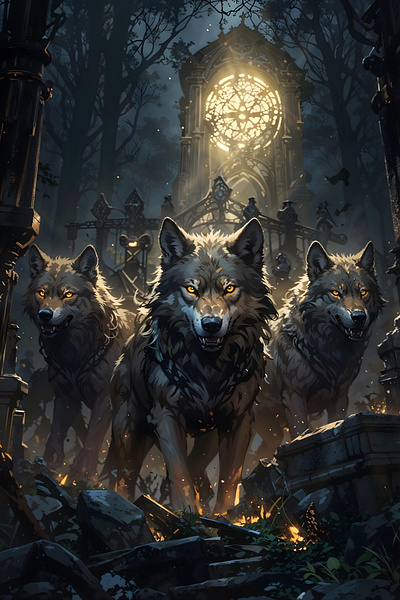 Guardians of the twilight cathedral animal anime art cloud dark fantasy fantasy illustration nature night wolf