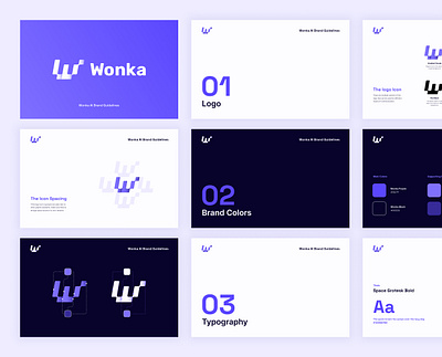 Wonka AI Brand Guidelines 8bit ai bit bits brand brand design brand identity branding clean dark gradient graphic design logo logo design machine learning modern purple tech