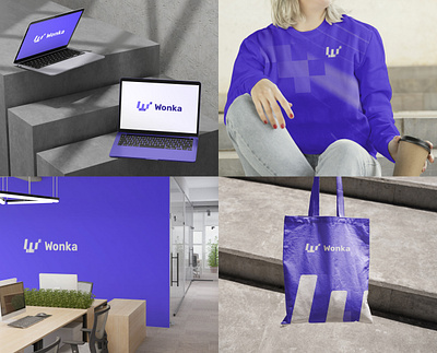 Wonka AI Brand Mockups 8bit ai bit bits brand brand design brand identity branding clean dark gradient graphic design logo logo design machine learning modern purple tech