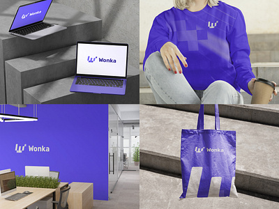 Wonka AI Brand Mockups 8bit ai bit bits brand brand design brand identity branding clean dark gradient graphic design logo logo design machine learning modern purple tech